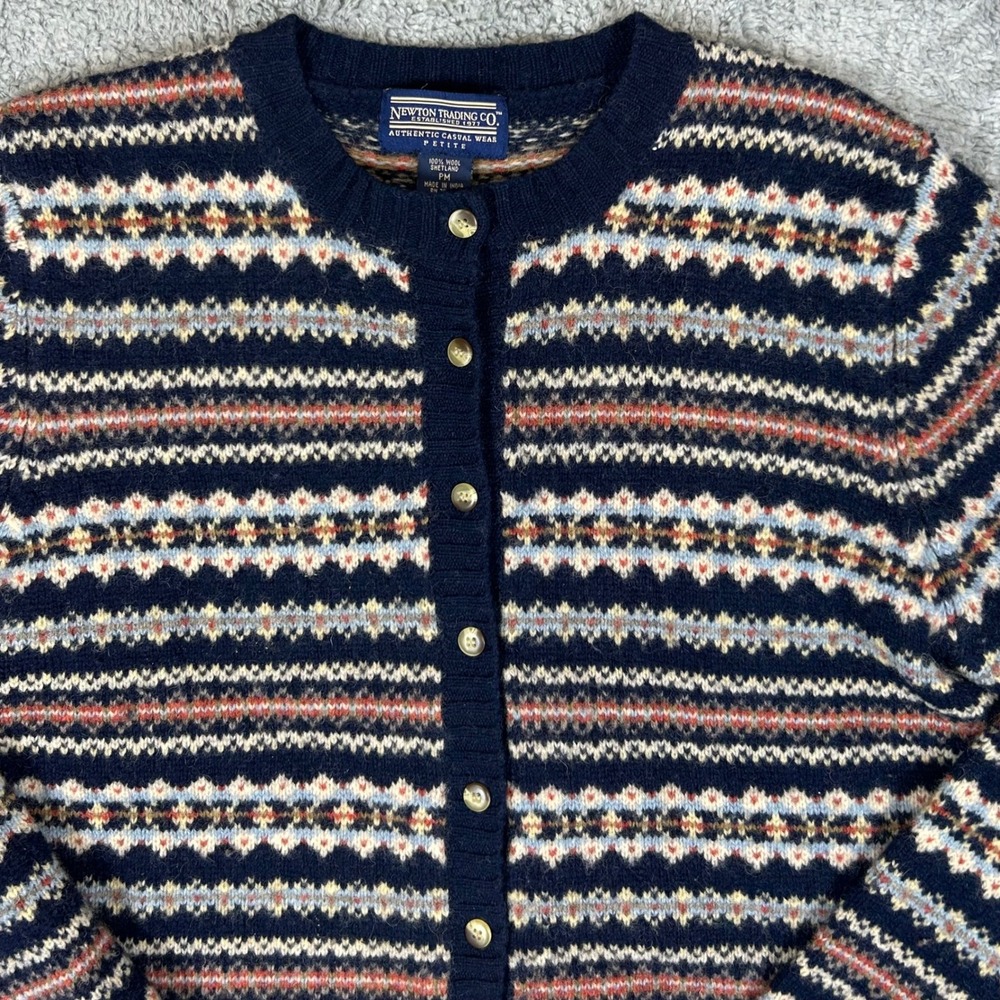 Newton Trading Co Shetland Wool Fair Isle Cardigan Navy Blue Petite PM 90's VTG